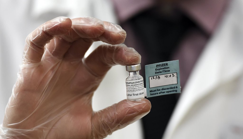 A vial of the Pfizer vaccine used at The Reservoir nursing facility, is shown Dec. 18, 2020, in West Hartford, Conn. (AP)