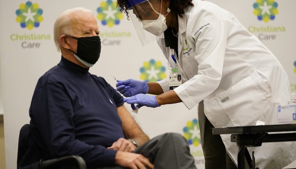 President-elect Joe Biden receives his first dose of the coronavirus vaccine at ChristianaCare Christiana Hospital in Newark, Del., Dec. 21, 2020, from nurse practitioner Tabe Mase. (AP)