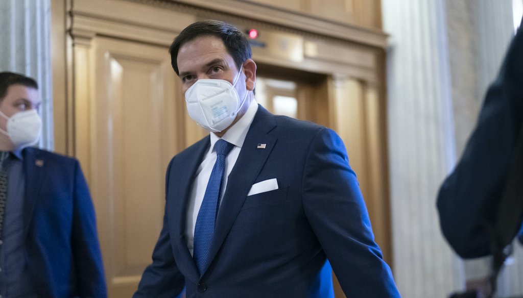 Sen. Marco Rubio, R-Fla., arrives at the chamber to take taking an oath and vote on how to proceed on the impeachment against former President Donald Trump, at the Capitol in Washington, Jan. 26, 2021. (AP)