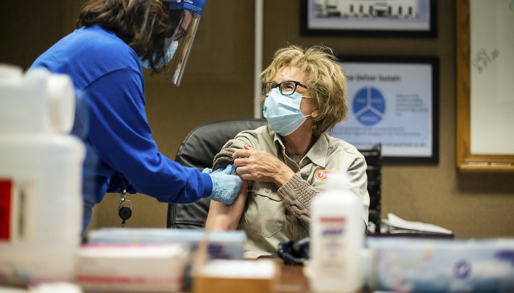 Tyson Foods team members receive Covid-19 vaccines from health officials at the Wilkesboro, N.C. facility on Wednesday, Feb. 3, 2021. (AP Images for Tyson Foods)