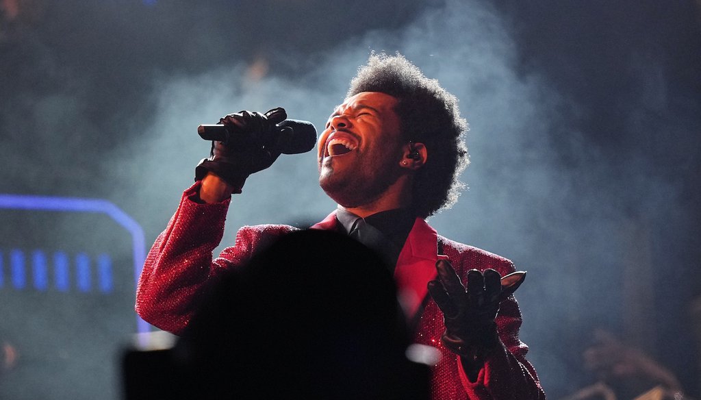 The Weeknd performs during the halftime show of NFL Super Bowl LV, between the Kansas City Chiefs and Tampa Bay Buccaneers, on Feb. 7, 2021, in Tampa, Fla. (AP/Phillip)