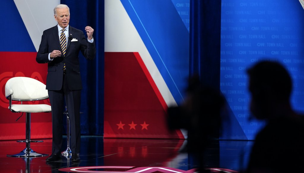 President Joe Biden talks during a televised town hall event at Pabst Theater, Feb. 16, 2021, in Milwaukee. (AP)