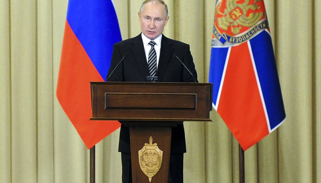Russian President Vladimir Putin speaks during a meeting of the Federal Security Service board Feb. 24, 2021, in Moscow. (AP)