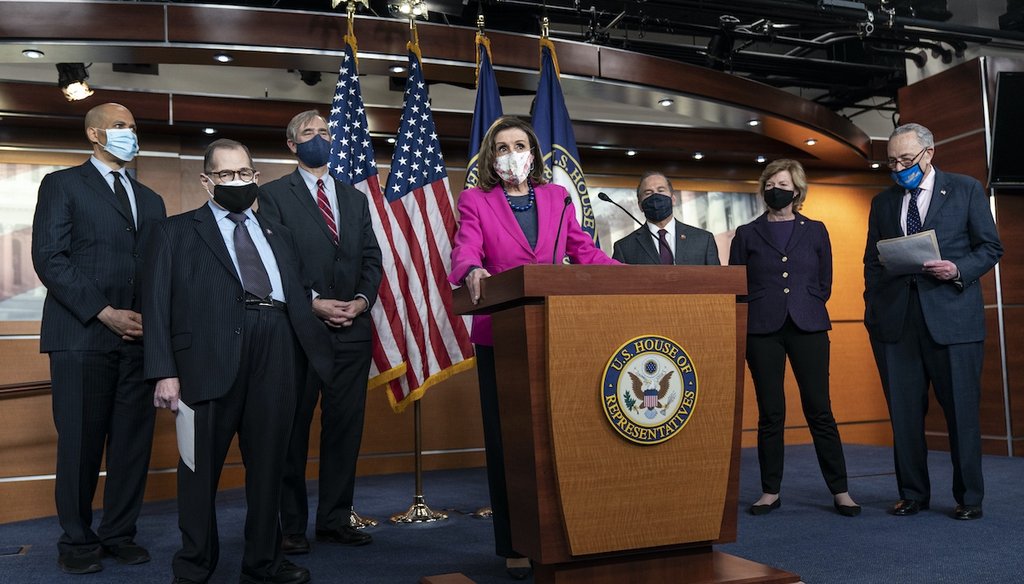 House Speaker Nancy Pelosi, center, speaks about the Equality Act on Feb. 25, 2021, with Rep. Jerry Nadler, D-N.Y., and other lawmakers on Capitol Hill in Washington. (AP)