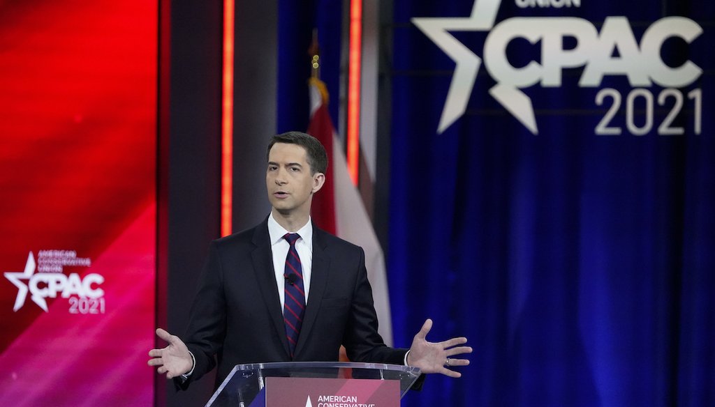 Sen. Tom Cotton, R-Ark., speaks at the Conservative Political Action Conference Feb. 26, 2021, in Orlando, Fla. (AP)