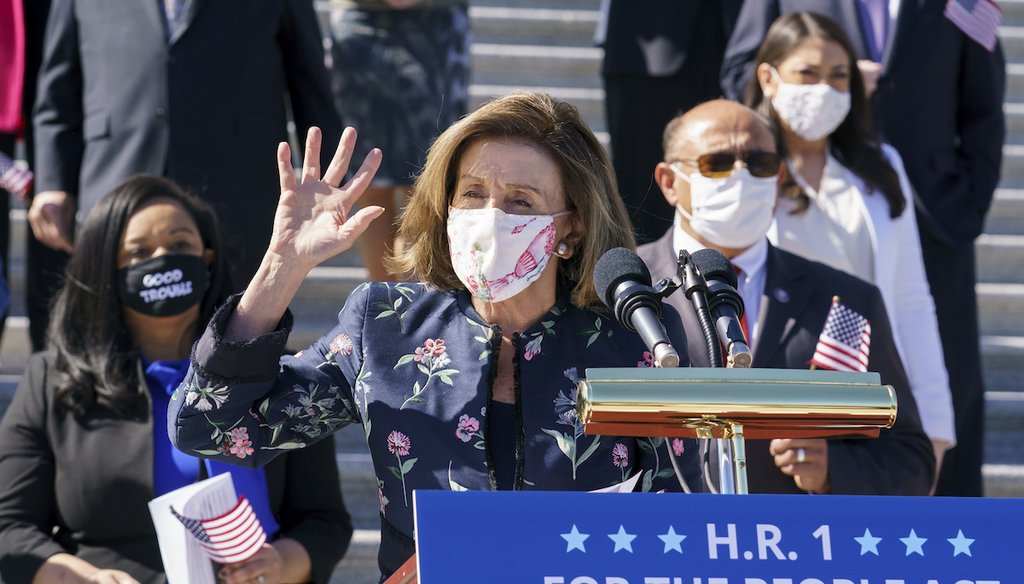 House Speaker Nancy Pelosi, D-Calif., and the Democratic Caucus address reporters on H.R. 1, the For the People Act of 2021, at the Capitol in Washington on March 3, 2021. (AP/Applewhite)