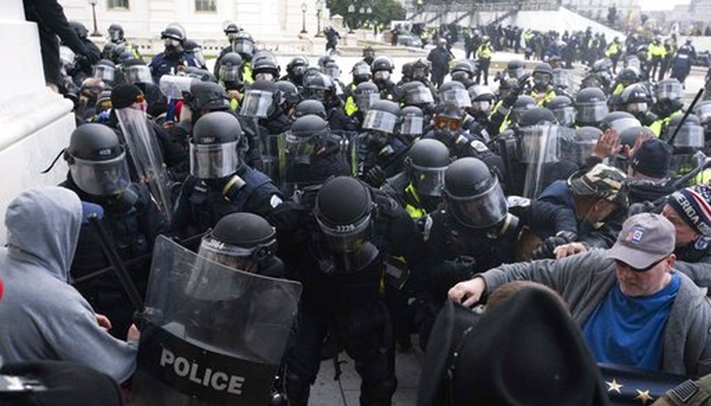 U.S. Capitol Police push back rioters trying to enter the U.S. Capitol on Jan. 6, 2021. (AP)