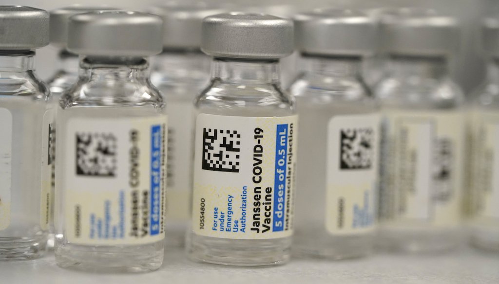 Vials of Johnson & Johnson COVID-19 vaccine sit in the pharmacy of National Jewish Hospital for distribution on March 6, 2021, in east Denver. (AP/Zalubowski)
