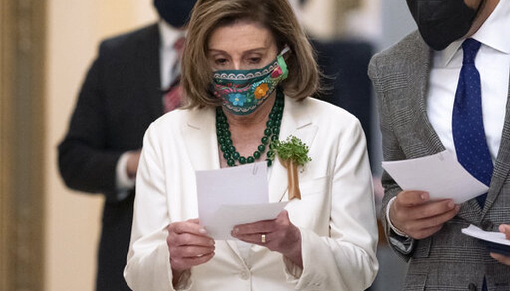 House Speaker Nancy Pelosi, D-Calif., arrives at a news conference on reauthorizing the Violence Against Women Reauthorization Act on March 17, 2021. (AP)