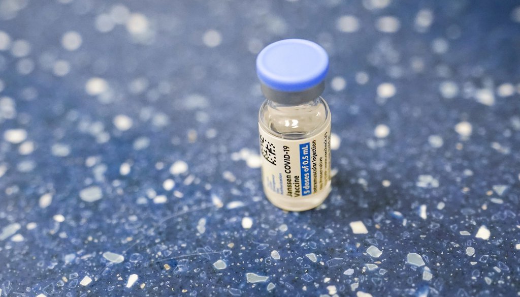 A vial with the Johnson & Johnson's one-dose COVID-19 vaccine is seen at the Vaxmobile, at the Uniondale Hempstead Senior Center on March 31, 2021, in Uniondale, N.Y. (AP/Altaffer)