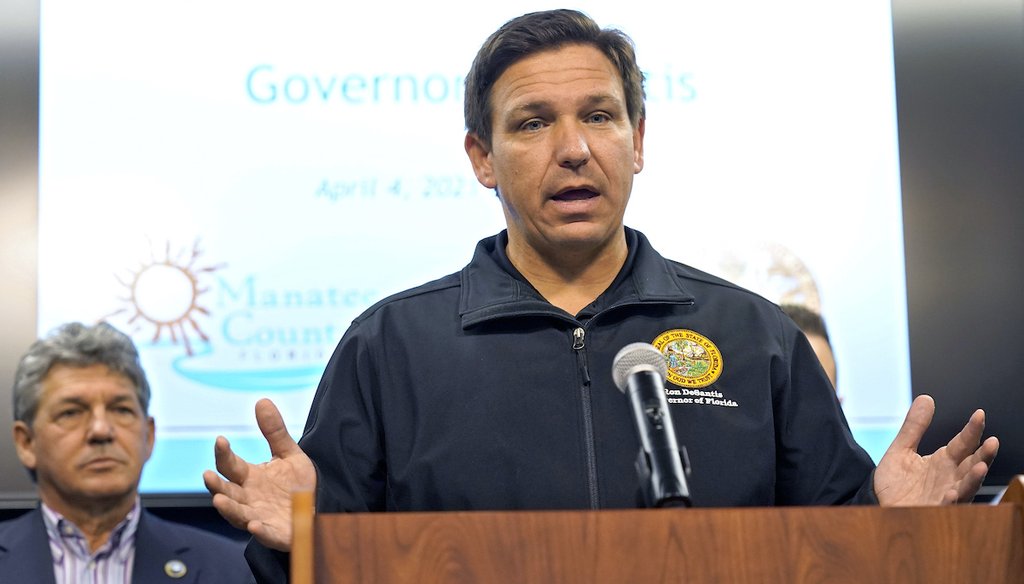 Florida Gov. Ron DeSantis gestures during a news conference April 4, 2021, at the Manatee County Emergency Management office in Palmetto, Fla. (AP)