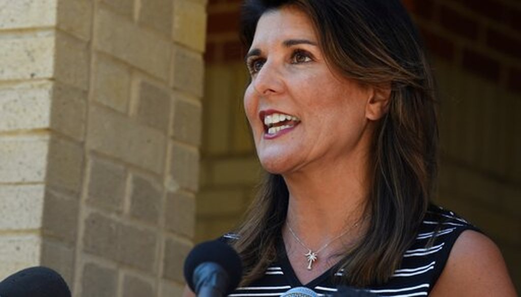 Former South Carolina Gov. Nikki Haley speaks with reporters after a tour of the campus of South Carolina State University on April 12, 2021. (AP)
