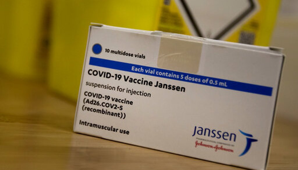 A box containing vials of the Johnson & Johnson coronavirus vaccine in Antwerp, Belgium, on April 30, 2021. (AP)