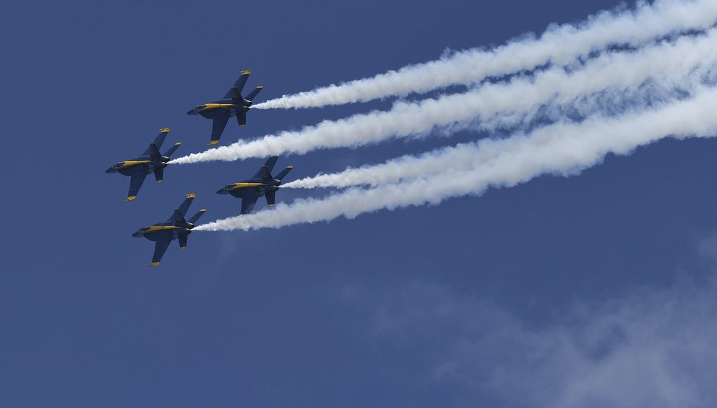 The U.S. Navy's Blue Angels Boeing F/A-18 Super Hornets are seen during the Fort Lauderdale Air Show at Fort Lauderdale Beach on May 8, 2021. (AP Images)