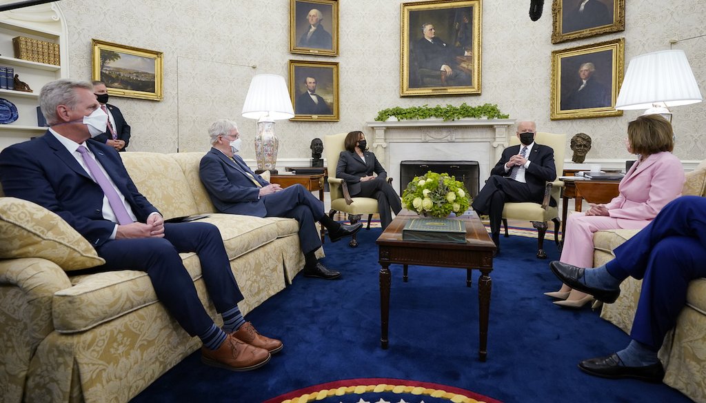 President Joe Biden meets with congressional leaders in the Oval Office of the White House on May 12, 2021, in Washington. (AP)