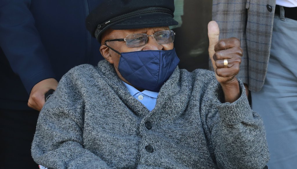 Anglican Archbishop Emeritus Desmond Tutu gestures after receiving a shot of the COVID-19 vaccine at the Brooklyn Chest Hospital in Cape Town, South Africa, on May 17, 2021. (AP)