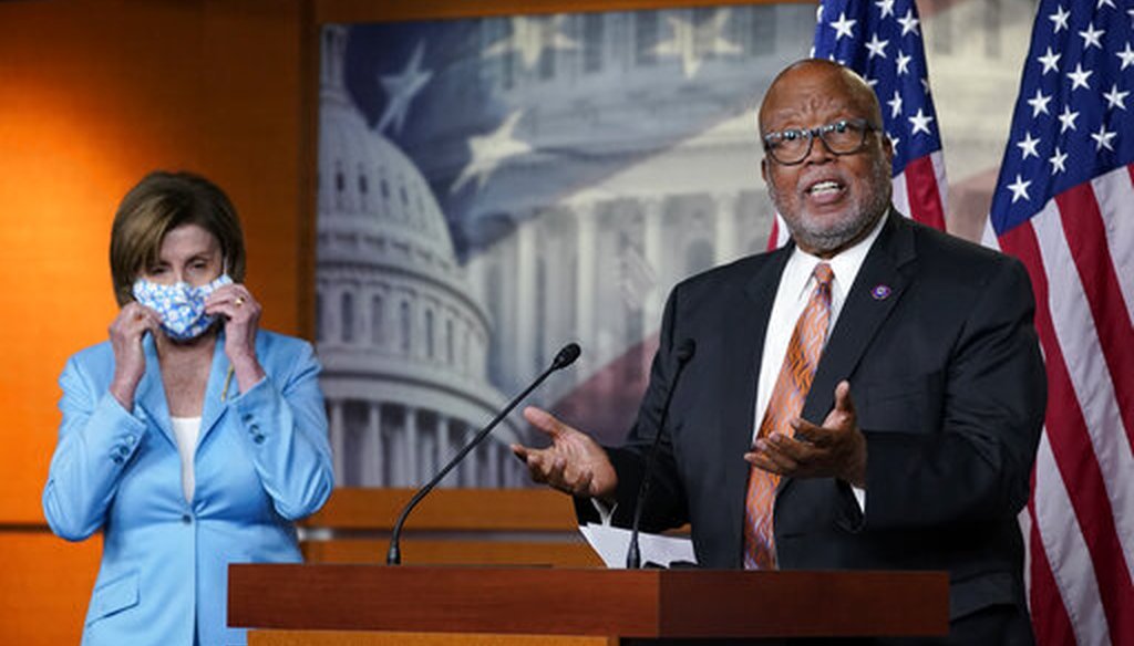 Rep. Bennie Thompson, D-Miss., and House Speaker Nancy Pelosi of Calif., talk to reporters on May 19, 2021, about legislation to create an independent, bipartisan commission to investigate the Jan. 6 attack on the Capitol. (AP)