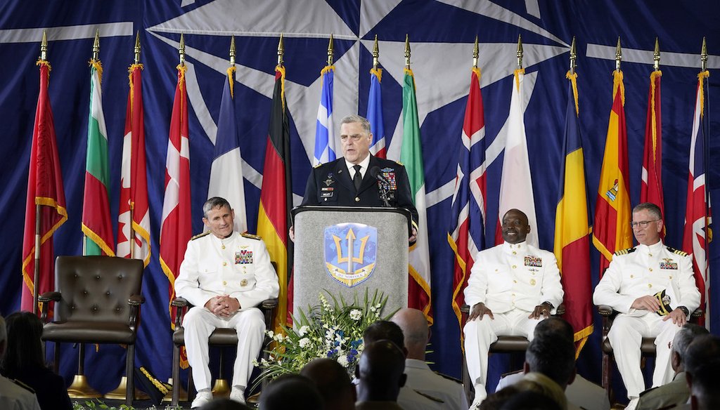 Gen. Mark Milley, Chairman of the Joint Chiefs of Staff, speaks during a ceremony marking full operation of NATO's Joint Force Command at Naval Station Norfolk on July 15, 2021, aboard the USS Kearsarge in Norfolk, Va. (AP/Helber)