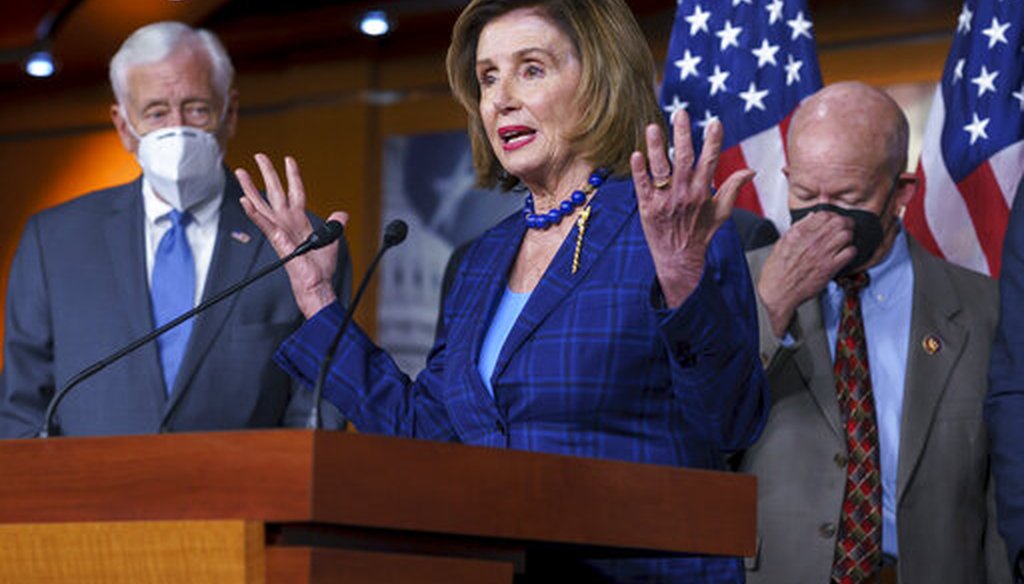 Speaker of the House Nancy Pelosi, D-Calif., flanked by Majority Leader Steny Hoyer, D-Md., left, and Transportation and Infrastructure Committee Chair Peter DeFazio, D-Ore., hold a news conference on July 30, 2021. (AP)
