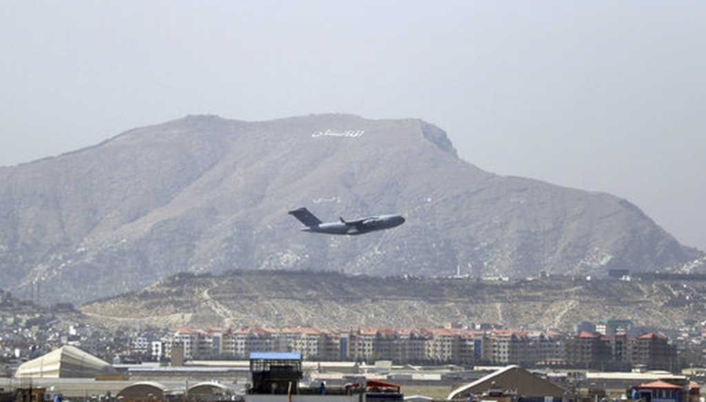 A U.S military aircraft takes off from Hamid Karzai International Airport in Kabul, Afghanistan, on Aug. 28, 2021. (AP)