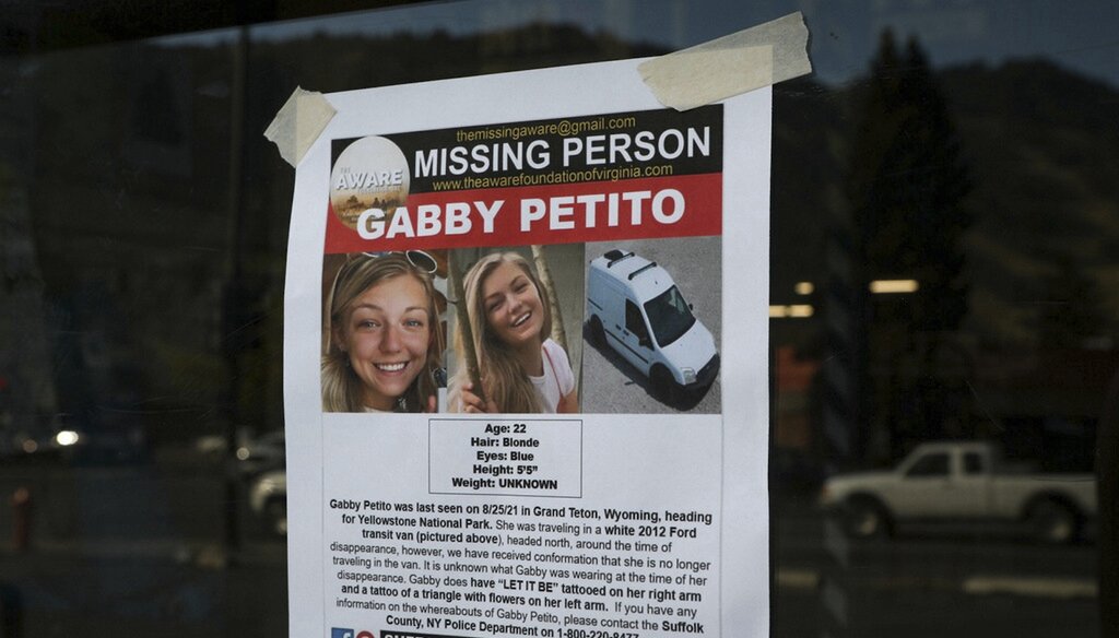 A Suffolk County Police Department missing person poster for Gabby Petito posted in Wyoming (AP Image).