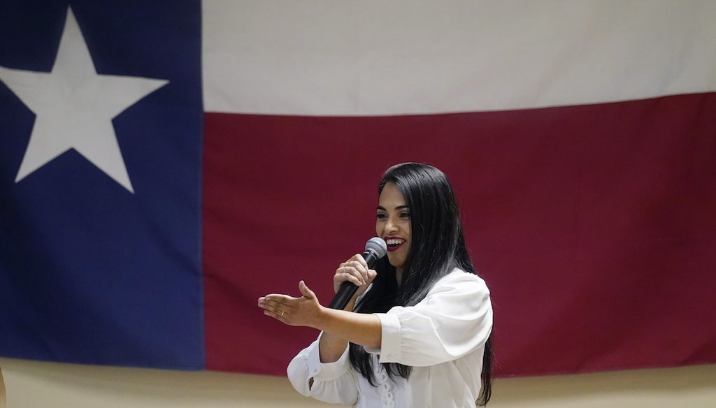 Republican congressional candidate Mayra Flores speaks at a Cameron County Conservatives event in Harlingen, Texas on Sept. 22, 2021. (AP)
