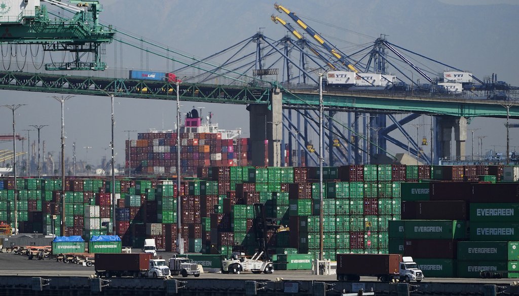 Containers are stacked at the Port of Los Angeles on Oct. 1, 2021. (AP)