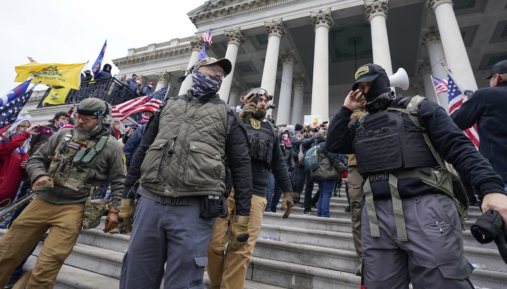Members of the Oath Keepers on the East Front of the U.S. Capitol on Jan. 6, 2021, in Washington. (AP)