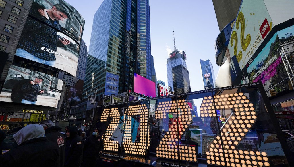 The 2022 sign that will be lit on top of a building on New Year's Eve is displayed in Times Square, New York, Dec. 20, 2021. (AP)