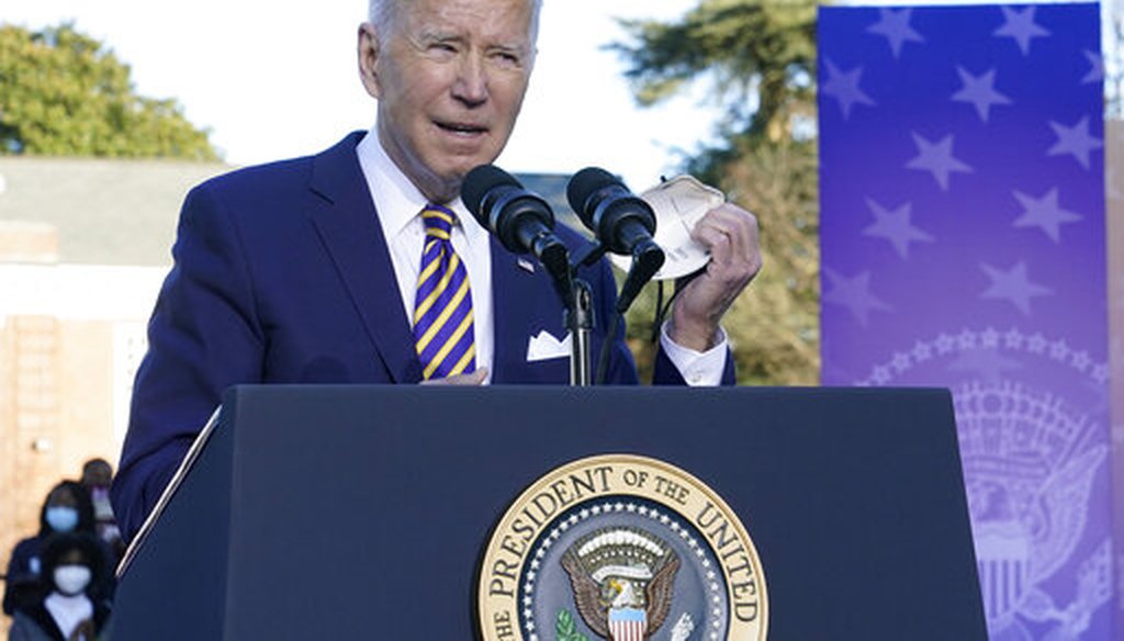 President Joe Biden speaks in support of changing the Senate filibuster rules that have stalled voting rights legislation on the grounds of Morehouse College and Clark Atlanta University, on Jan. 11, 2022. (AP)