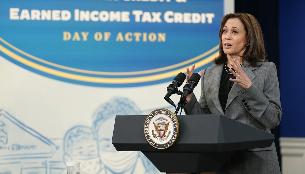 Vice President Kamala Harris delivers remarks encouraging Americans to take advantage of tax credits, including the expanded Child Tax Credit and Earned Income Tax Credit, at the White House on Feb. 8, 2022. (AP)