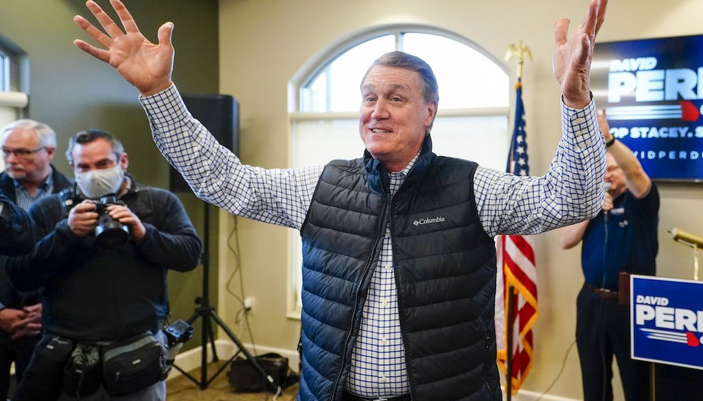 Republican candidate for Georgia Governor former Sen. David Perdue arrives to speaks at a campaign stop at the Covington airport on Feb. 2, 2022, in Covington, Ga.(AP)