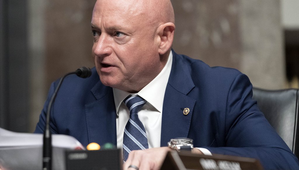 Sen. Mark Kelly, D-Ariz., speaks during a hearing of the Senate Armed Services Committee to examine the posture of United States Northern Command and United States Southern Command, on Capitol Hill, in Washington, March 24, 2022. (AP)