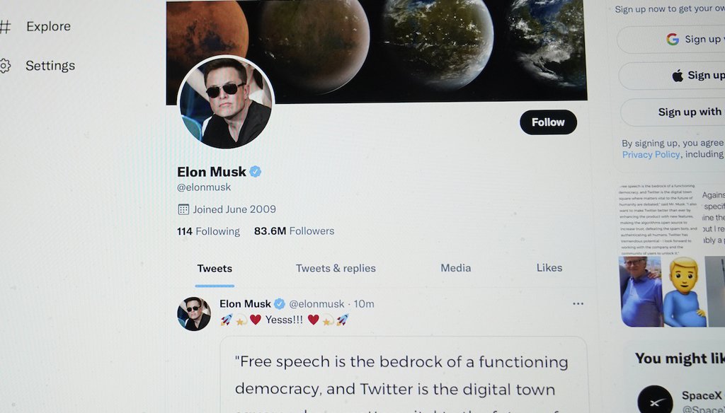 The Twitter page of Elon Musk is seen on a computer in Sausalito, Calif., on April 25, 2022. (AP)