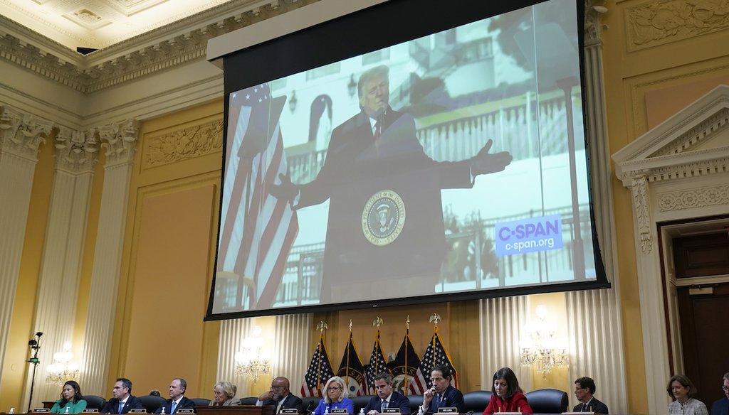 A video of former President Donald Trump speaking during a rally near the White House on Jan. 6th, is shown as the House select committee investigating the Jan. 6 attack on the U.S. Capitol holds its first public hearing to reveal the findings of a year-l