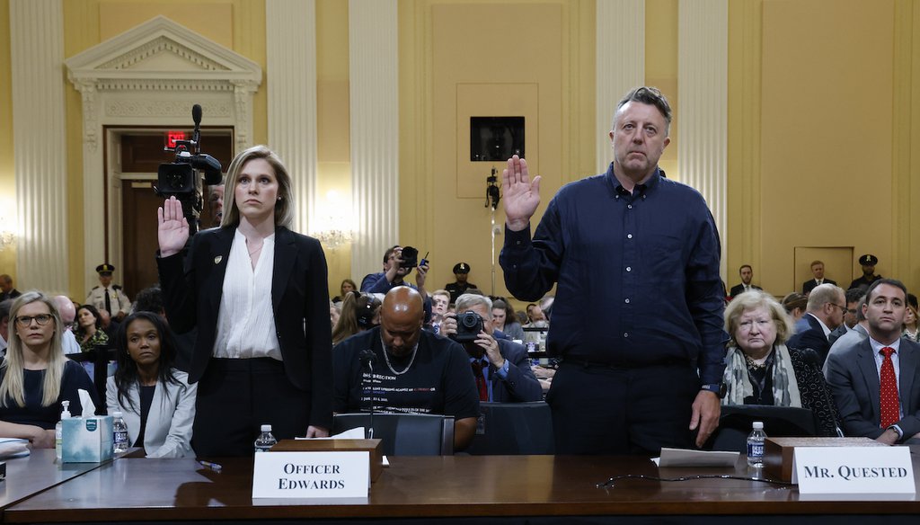 U.S. Capitol Police officer Caroline Edwards, left, and British filmmaker Nick Quested, are sworn in as the House select committee investigating the Jan. 6 attack on the U.S. Capitol holds its first public hearing to reveal the findings of a year-long inv
