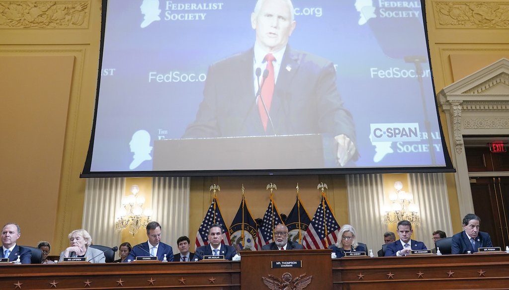 A video plays showing former Vice President Mike Pence speaking as the House select committee investigating the Jan. 6, 2021, attack on the Capitol holds a hearing in Washington on June 16, 2022. (AP)
