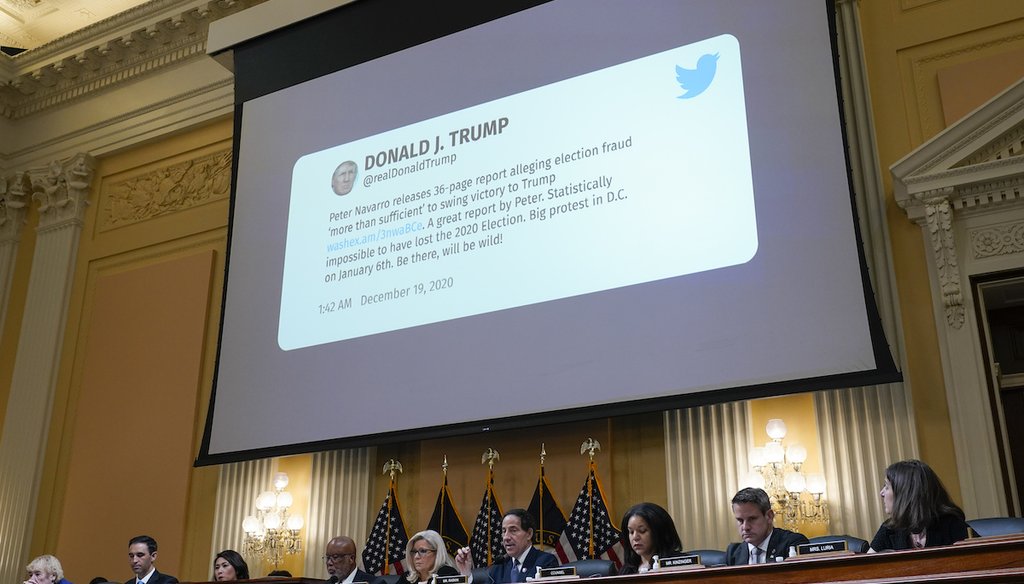 A tweet from former President Donald Trump is shown as the House select committee investigating the Jan. 6 attack on the U.S. Capitol holds a hearing in Washington on July 12, 2022. (AP)
