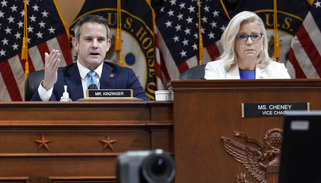 Rep. Adam Kinzinger, R-Ill., speaks as the House select committee investigating the Jan. 6 attack holds a hearing on July 21, 2022. Vice Chair Liz Cheney, R-Wyo., listens at right. (AP)