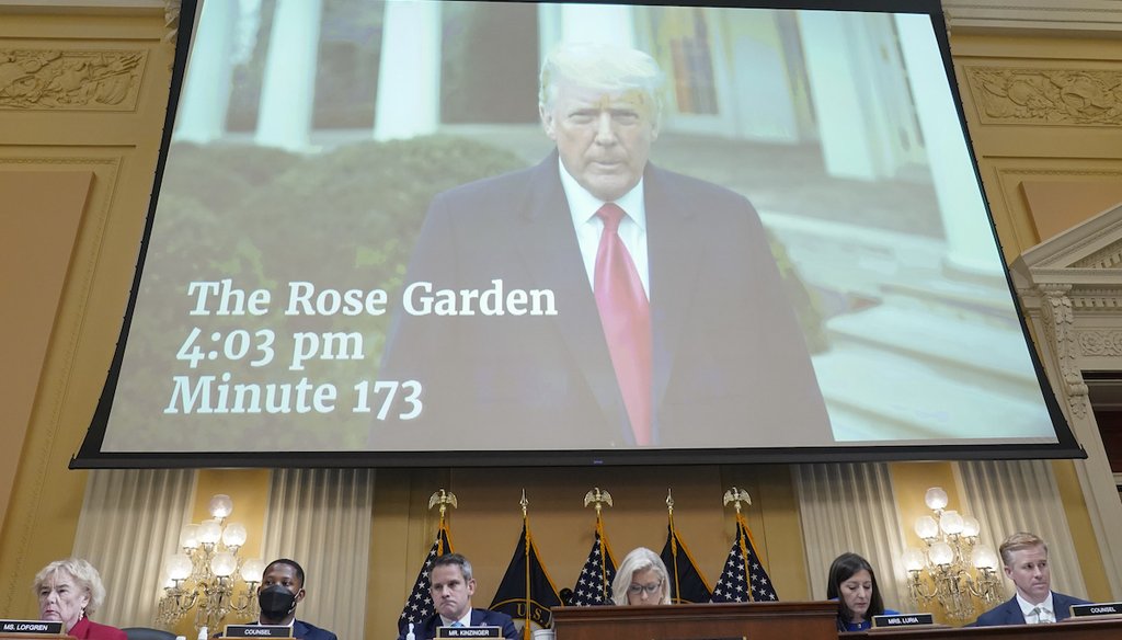 A video of President Donald Trump recording a statement in the Rose Garden of the White House on Jan. 6 is played at a hearing from the House select committee investigating the Jan. 6 attack on the U.S. Capitol, July 21, 2022. (AP)