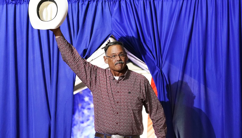 Mark Finchem, a Republican candidate for Arizona Secretary of State, waves to the crowd as he arrives to speak at a Save America rally July 22, 2022. (AP)