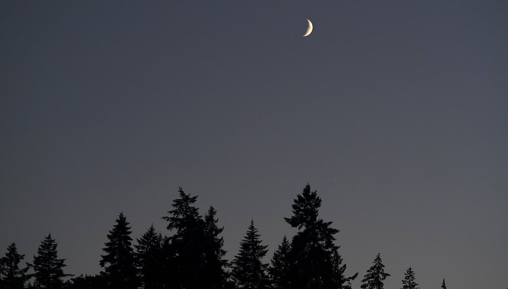 A crescent moon descends above trees Tuesday, Aug. 2, 2022, in Issaquah, Wash. (AP)