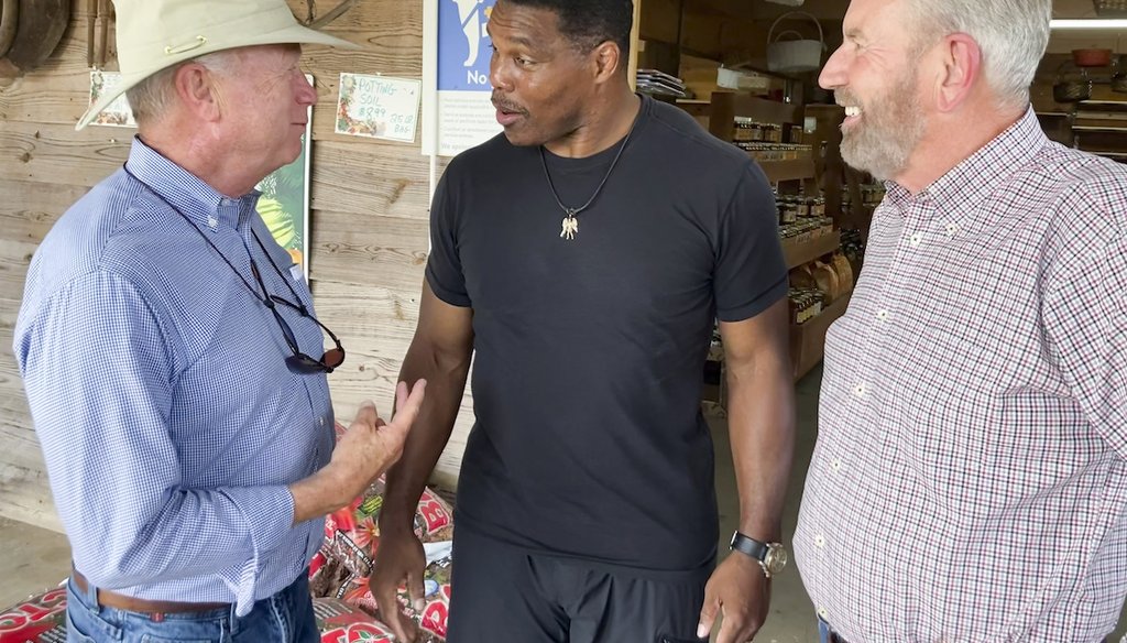 Republicans Senate candidate Herschel Walker, center, talks with Georgia state Sen. Butch Miller, left, and former state Rep. Terry Rogers on July 21, 2022, in Alto, Ga. (AP)