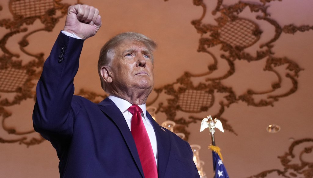 Former President Donald Trump stands on stage after announcing a third run for president as he speaks at Mar-a-Lago in Palm Beach, Fla., Nov. 15, 2022.(AP)