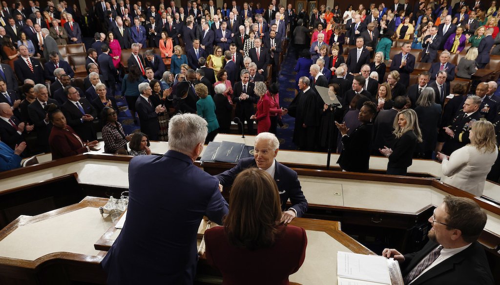 President Joe Biden arrives and greets Speaker of the House Kevin McCarthy of Calif., as Vice President Kamala Harris looks on, before Biden delivers his State of the Union speech to a joint session of Congress, at the Capitol on Feb. 7, 2023. (AP)