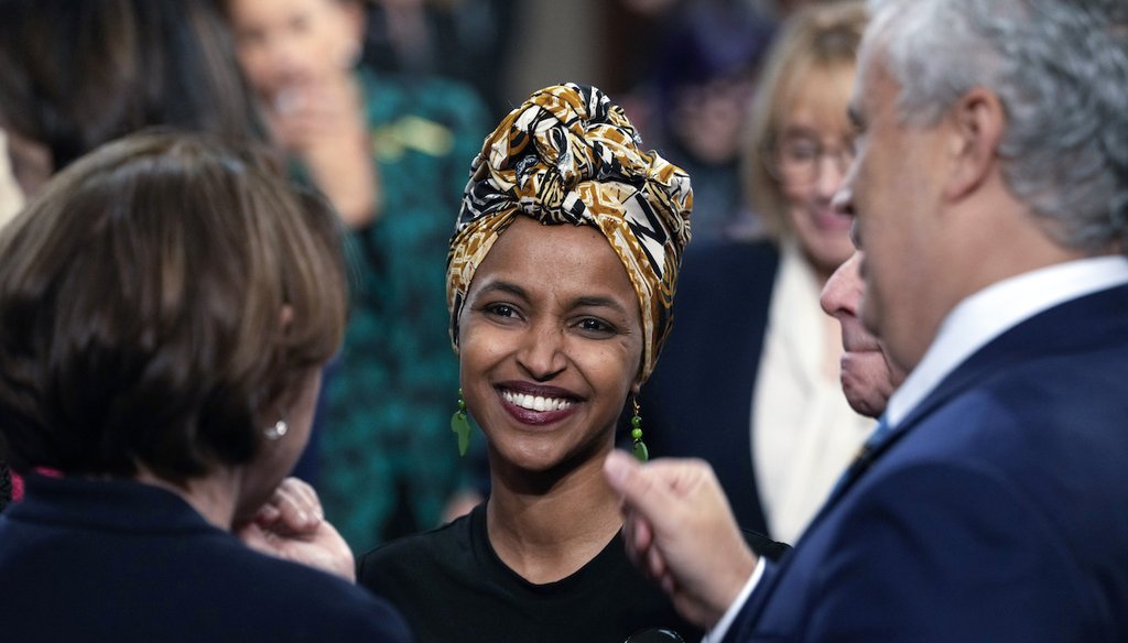 Rep. Ilhan Omar, D-Minn., wears an 1870 pin at the State of the Union address, Tuesday, Feb. 7, 2023, in Washington. (AP)