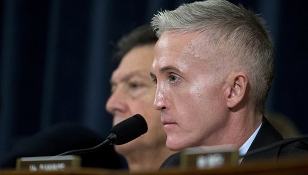 House Benghazi Committee Chairman Rep. Trey Gowdy, R-S.C., listens as Hillary Clinton testifies on Oct. 22, 2015. (AP)