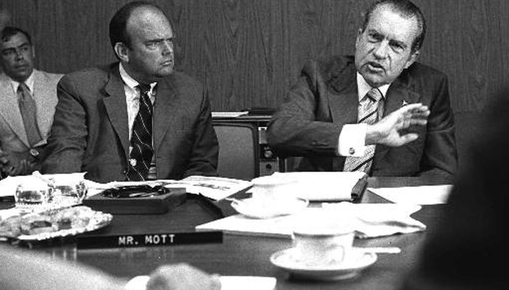President Richard Nixon, right, discusses a California state park in 1972 as John D. Ehrlichman, Nixon's domestic affairs adviser, listens. (AP)