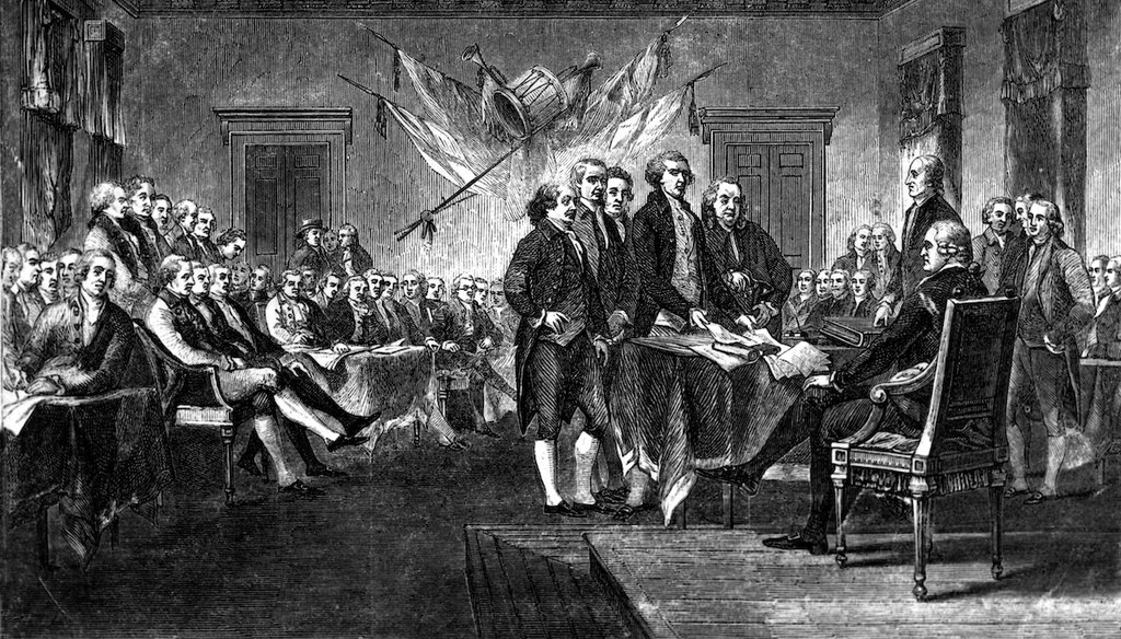This undated engraving shows the scene on July 4, 1776 when the Declaration of Independence was approved by the Continental Congress in Philadelphia, Pa. (AP)