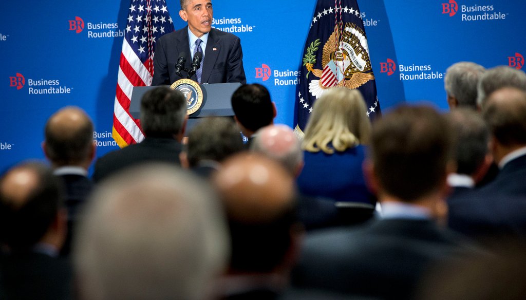 President Barack Obama speaks to leading CEOs to discuss ways to promote the economy and create jobs on Dec. 3, 2014, at the Business Roundtable's headquarters in Washington.